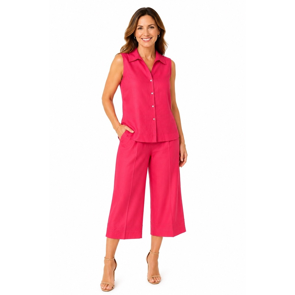 Robbie Bee Pink 100% Silk 2 Piece Set Beaded Sleeveless Top Cropped Pants Sz 10